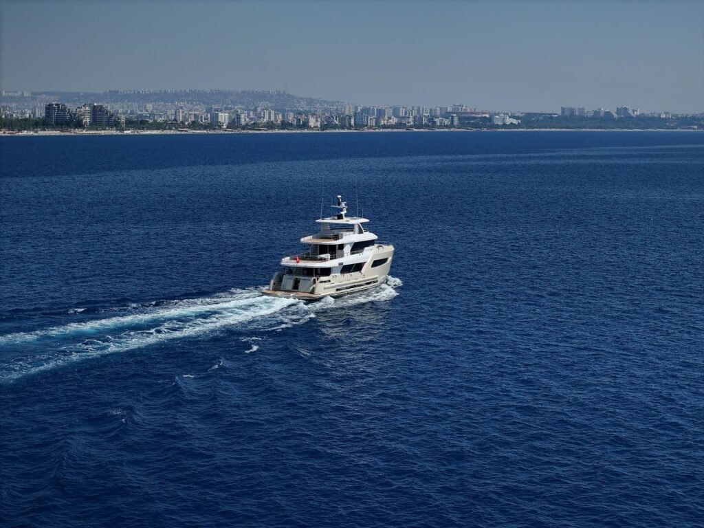 aluminium explorer for 10 guests at anchor in a remote bay