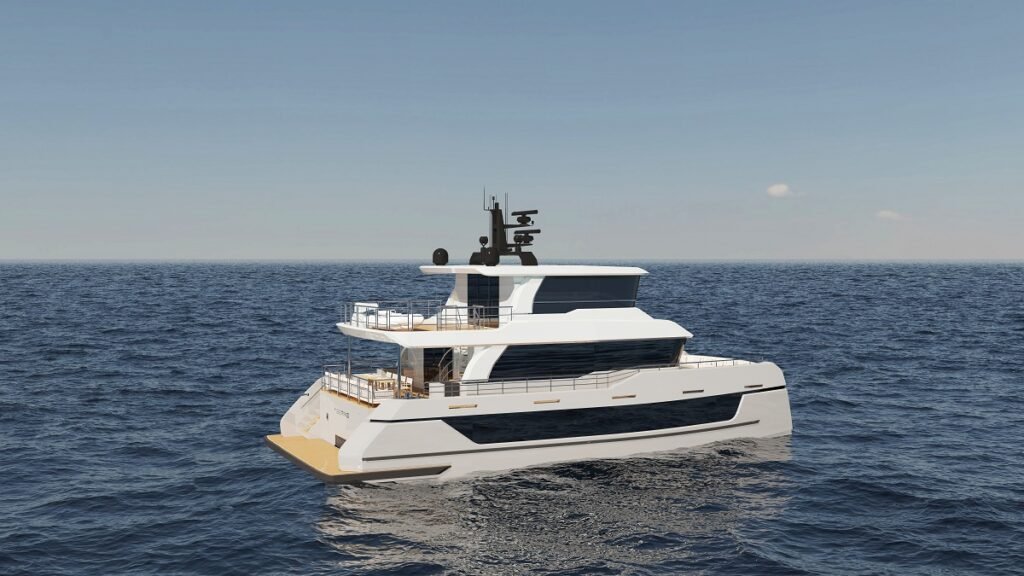 22 metre 3 cabin semi displacement yacht at anchor in calm waters