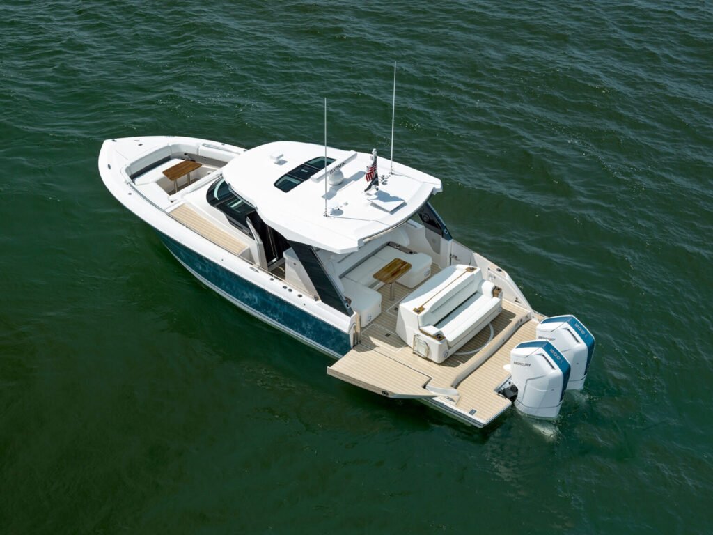12 metre outboard planning yacht for sale, exterior on the water