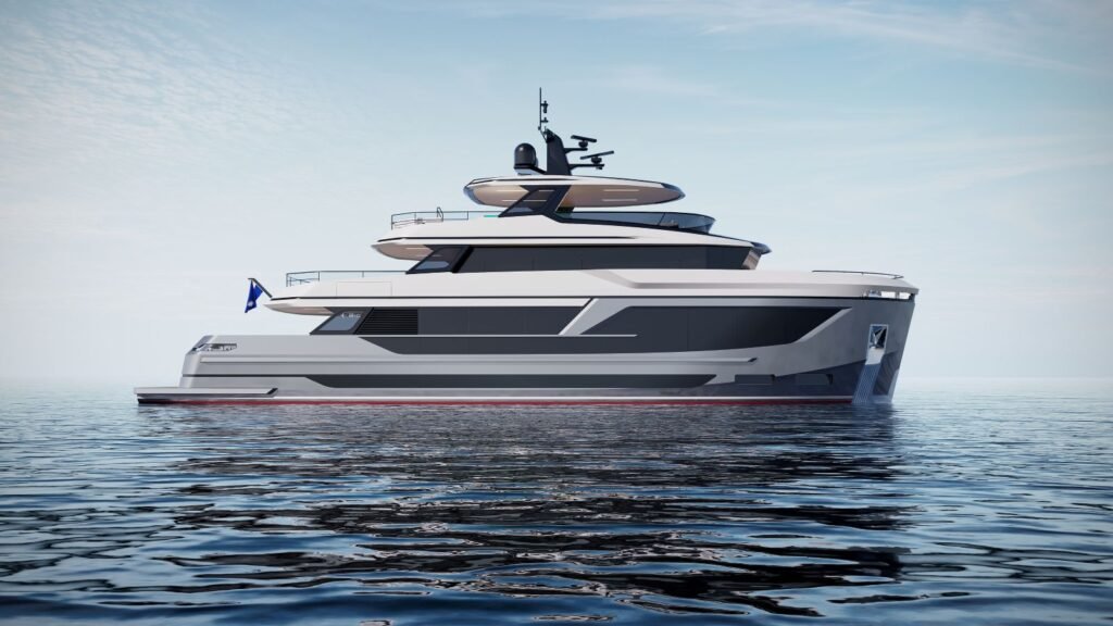 34 metre American built yacht for sale, exterior on the water