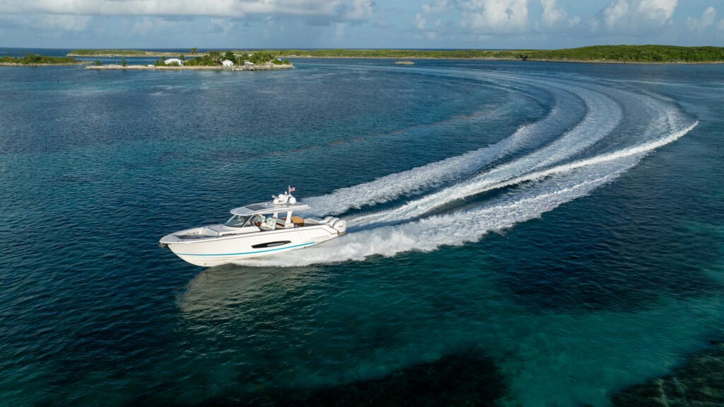 American built walkaround yacht at anchor