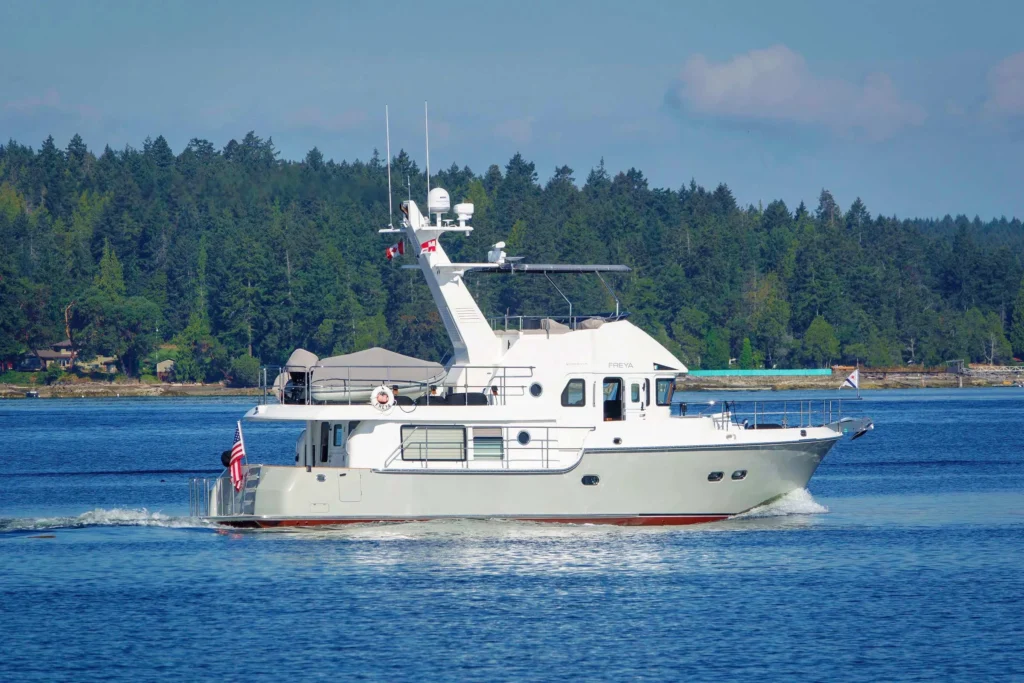 16 guest trawler with semi displacement hull at anchor