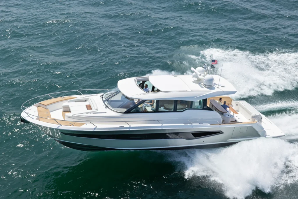 18 metre 3 cabin American built yacht for sale, at anchor in calm waters
