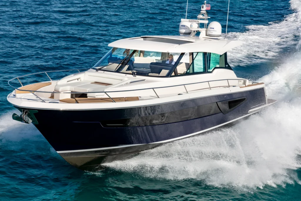 18 metre 3 cabin American built yacht for sale, exterior on the water