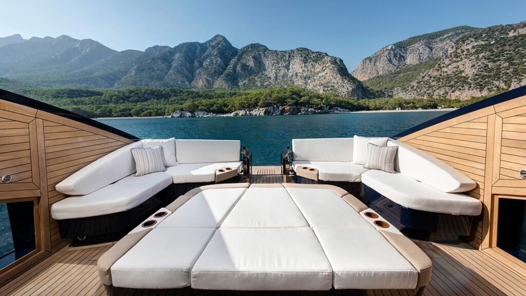 20 metre inboard planing yacht for sale, at anchor