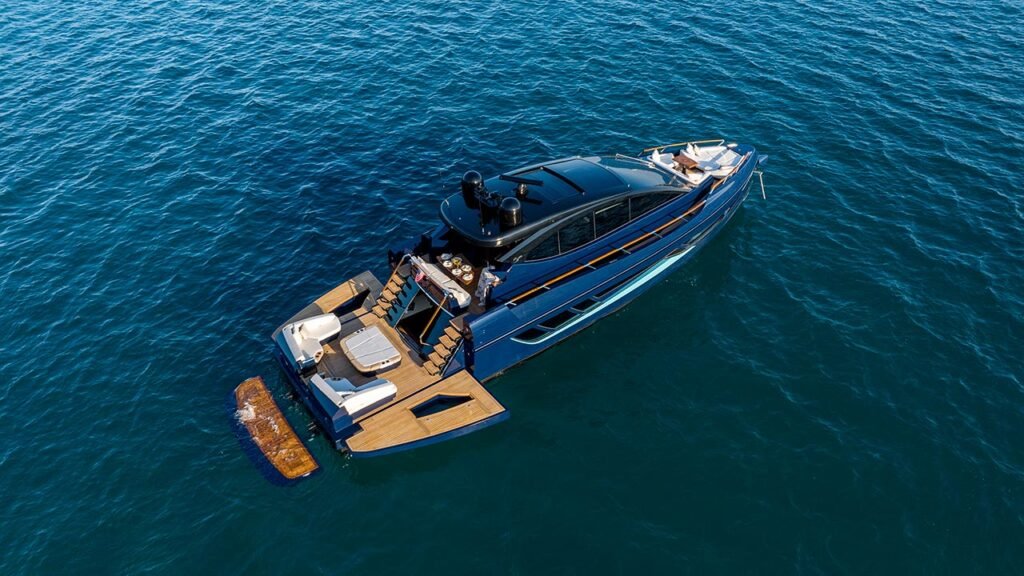 20 metre inboard planing yacht for sale, exterior on the water