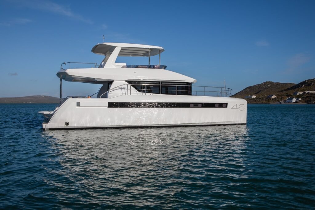 14 metre luxury yacht at anchor with refined deck spaces