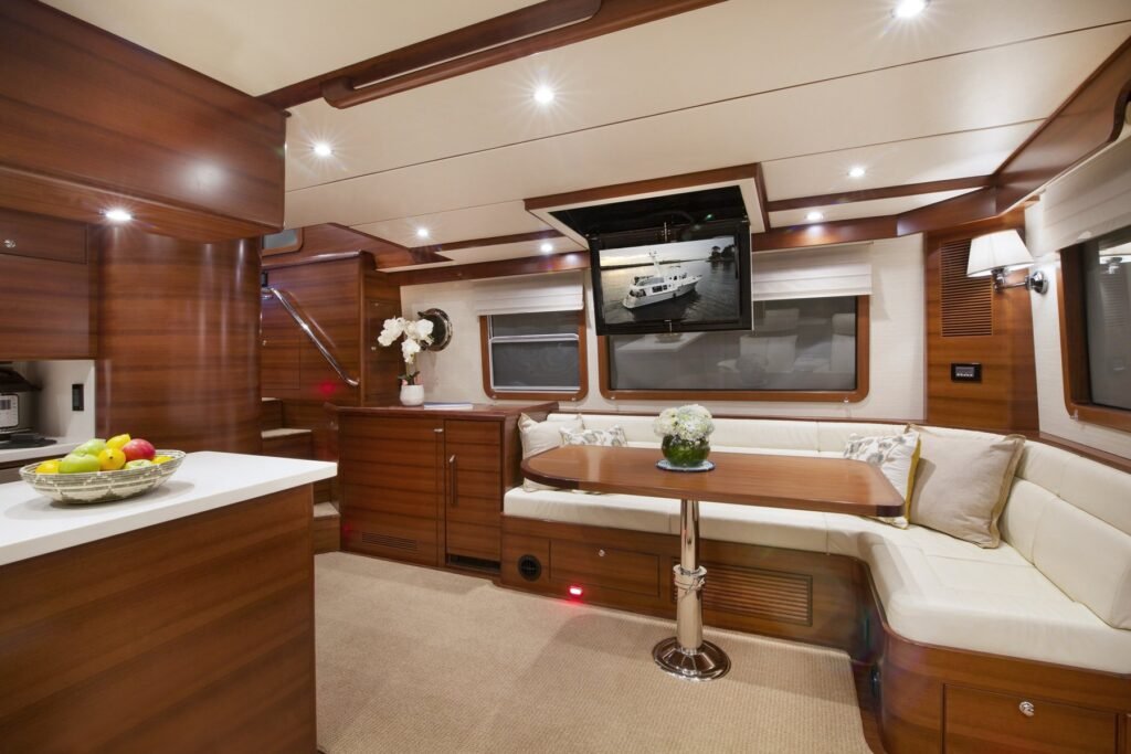 14 metre semi-displacement trawler yacht at anchor