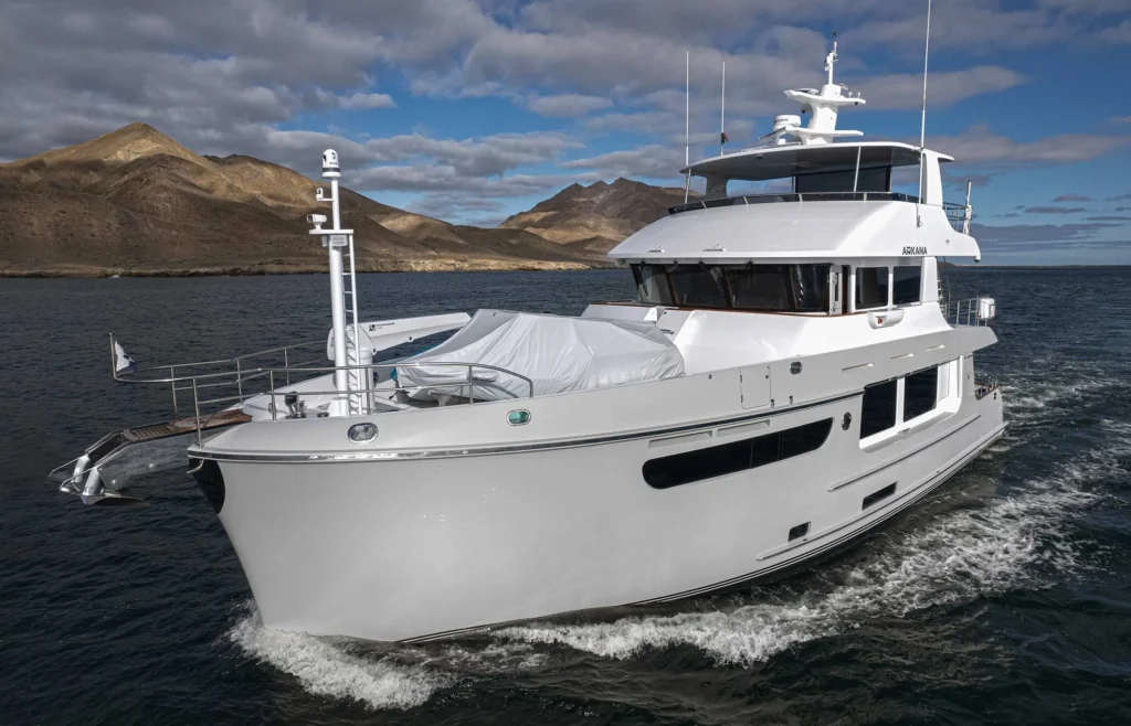22 metre trawler yacht around 3 million euros at anchor in calm waters