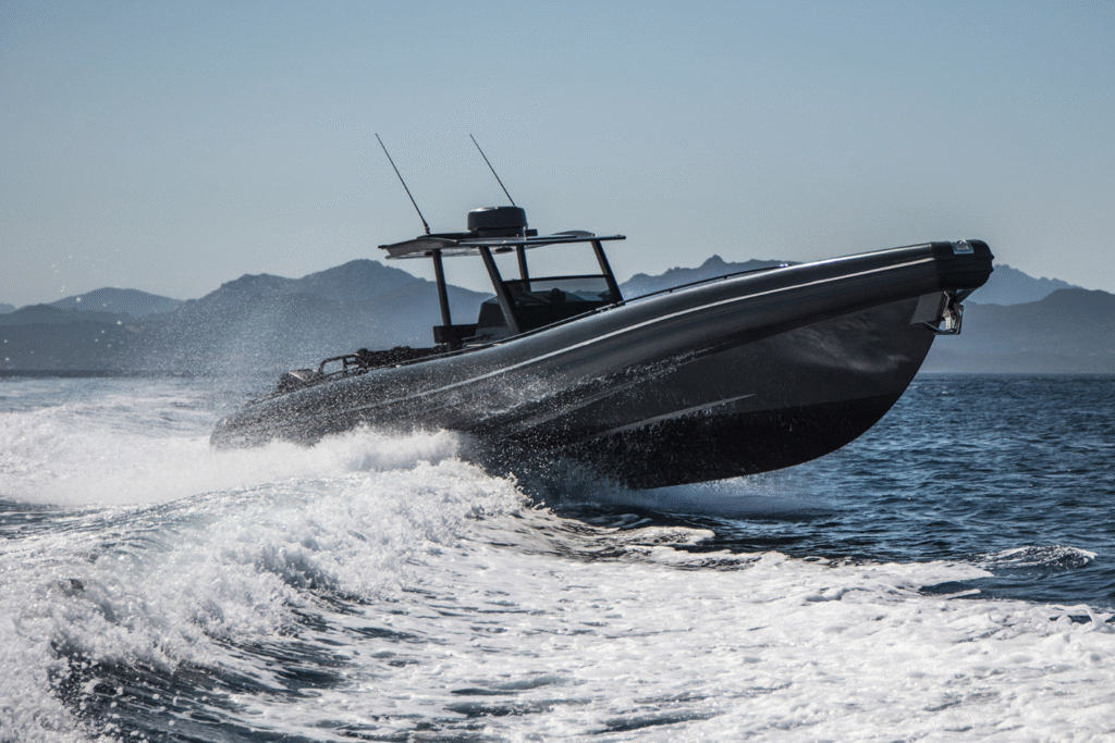22 metre RIB at anchor with inflatable collar visible
