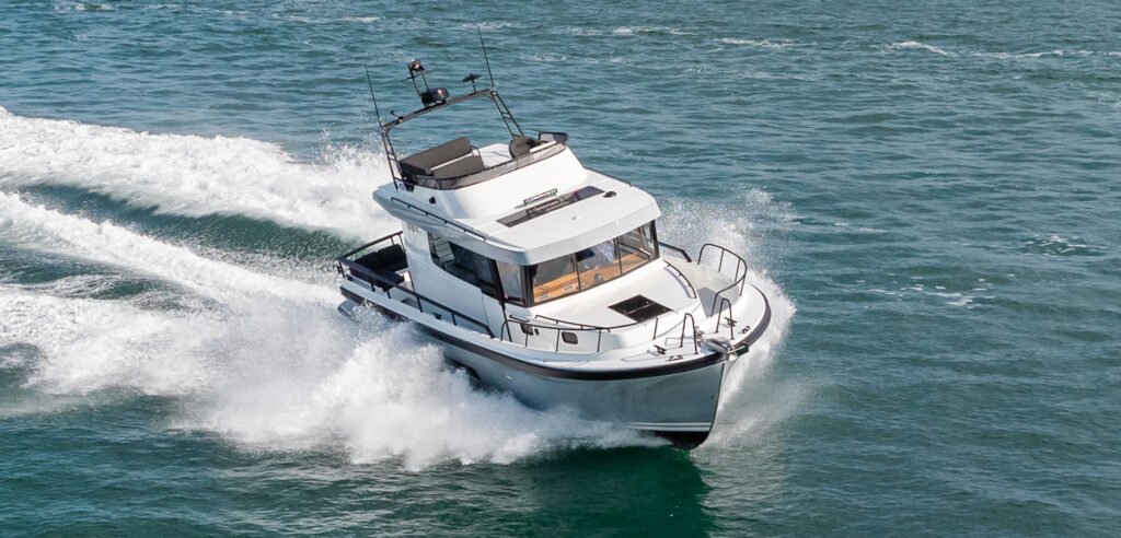 13 metre Finnish monohull yacht for sale, exterior on the water