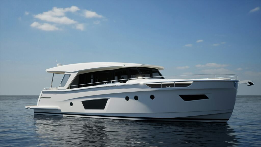 18 metre 2 cabin coupe yacht at anchor showing sport lines