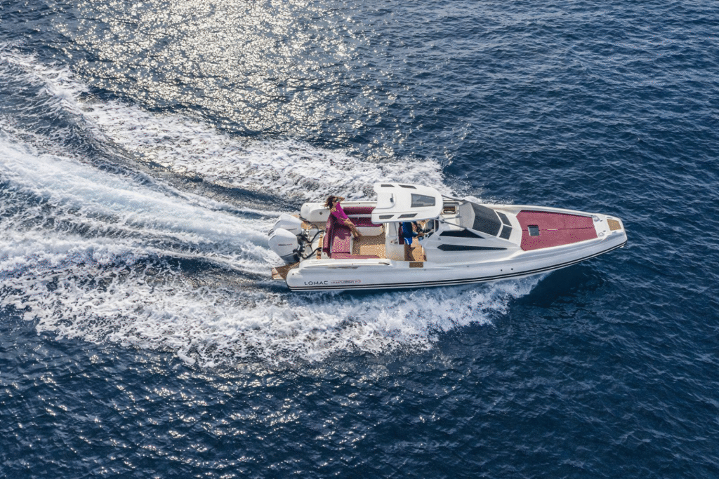 11 metre 2 cabin RIB yacht for sale, exterior on the water