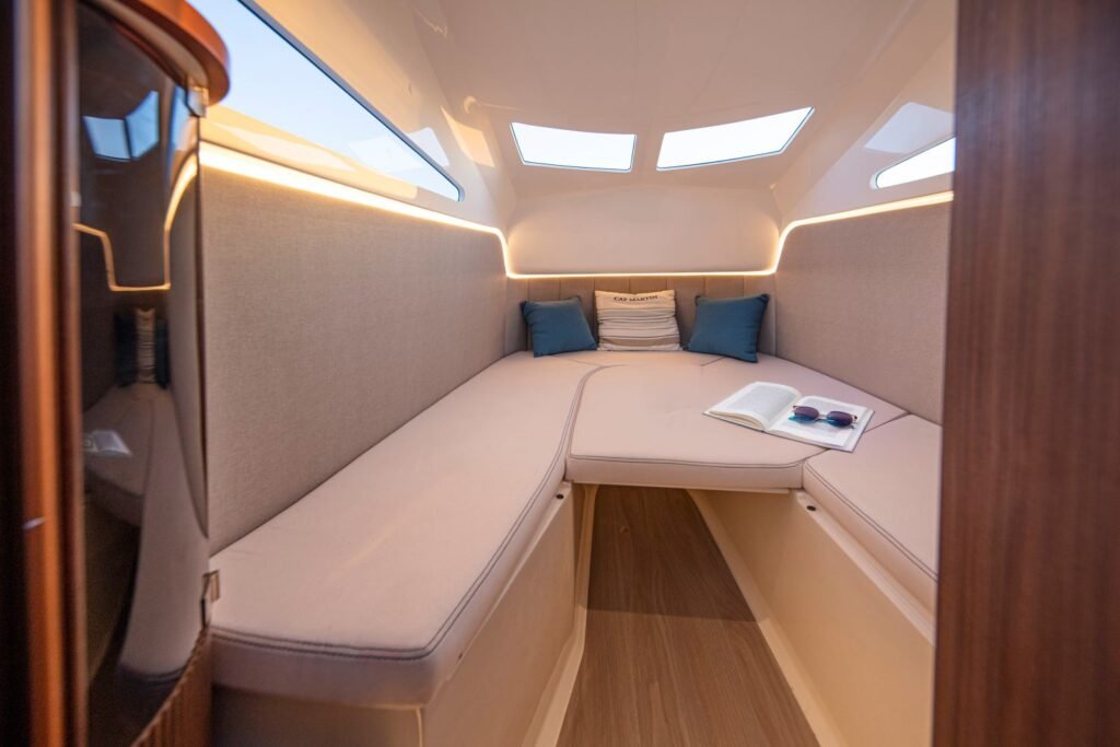 12 metre GRP planing yacht interior cabin layout