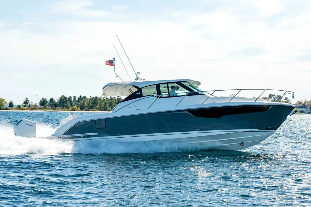 luxury yacht for sale near 900,000 euros, anchored at scenic bay