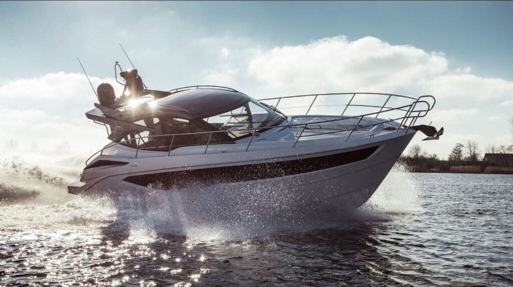 Affordable 2 cabin 11 metre yacht at anchor in coastal waters