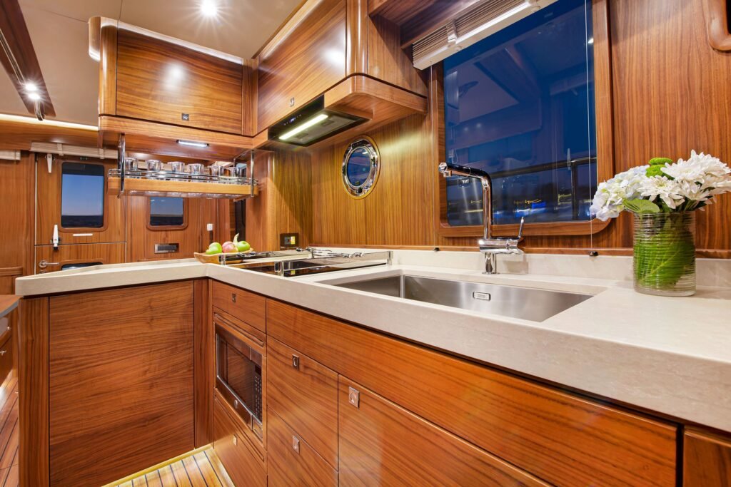 14 guest GRP trawler interior and wheelhouse
