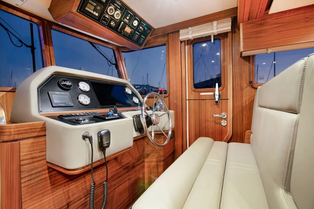 14 guest GRP trawler yacht at anchor