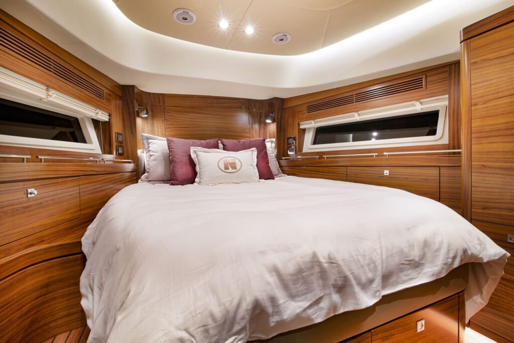 12 metre displacement monohull yacht anchored in a bay
