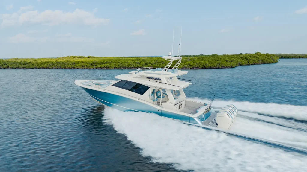 one cabin performance yacht at anchor