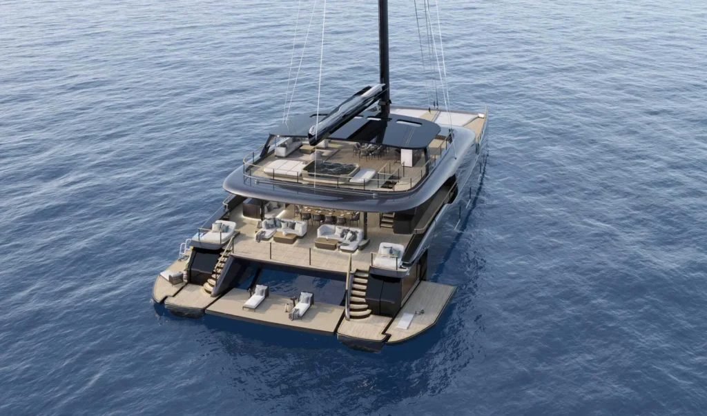 40 metre catamaran at anchor in shallow turquoise water