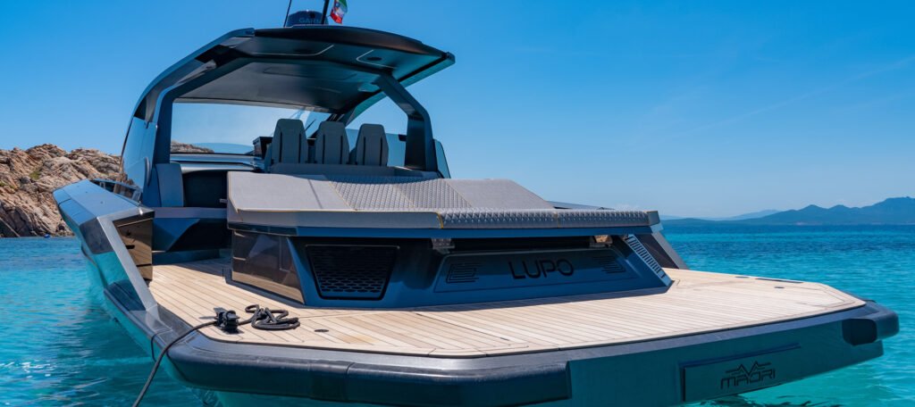 14 guest Italian planing yacht for sale, cockpit with Italian style finishes