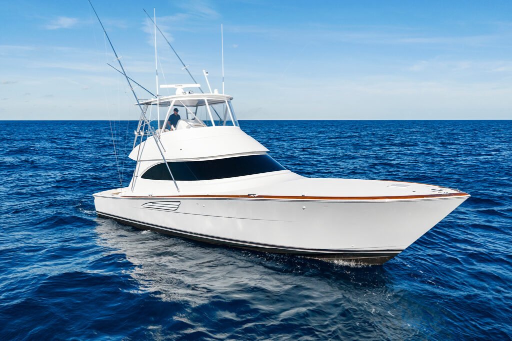 15 metre American built yachtfisher for sale, exterior on the water