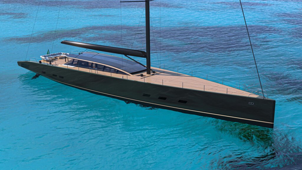 Hybrid monohull yacht for sale, moored in a tranquil harbour
