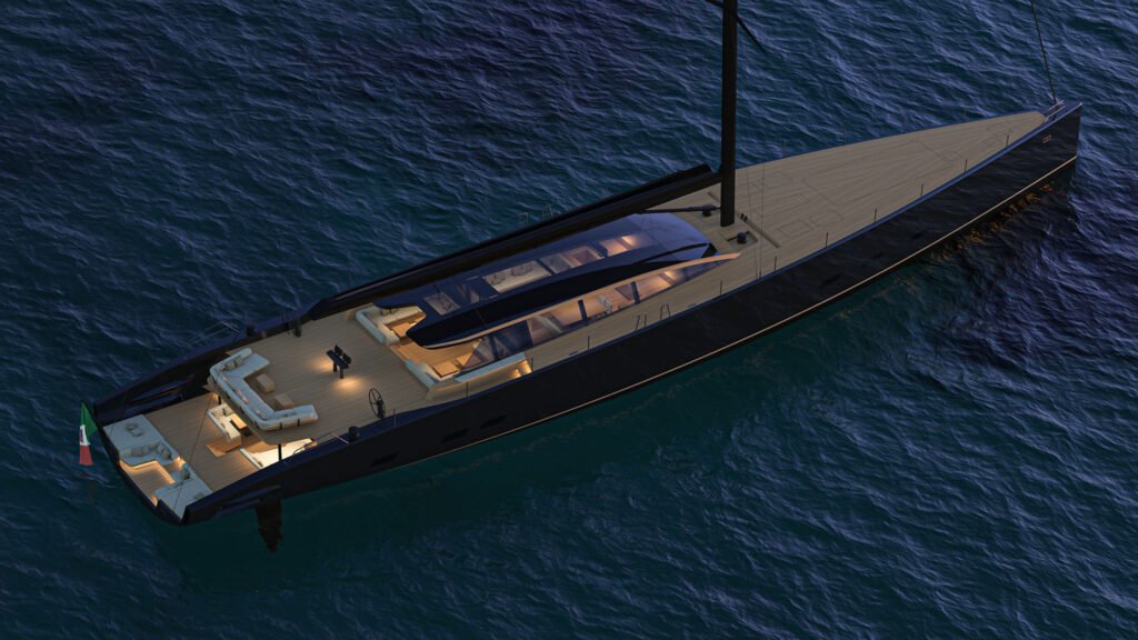 Hybrid luxury yacht for sale, cruising silently at sunset