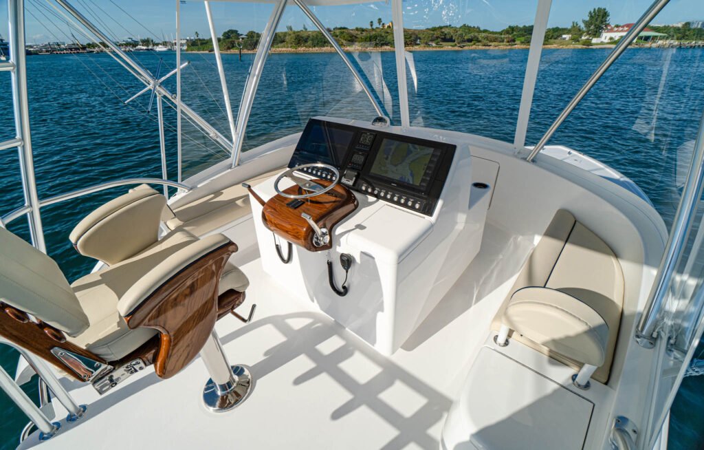 USA built yachtfisher at anchor, cockpit view