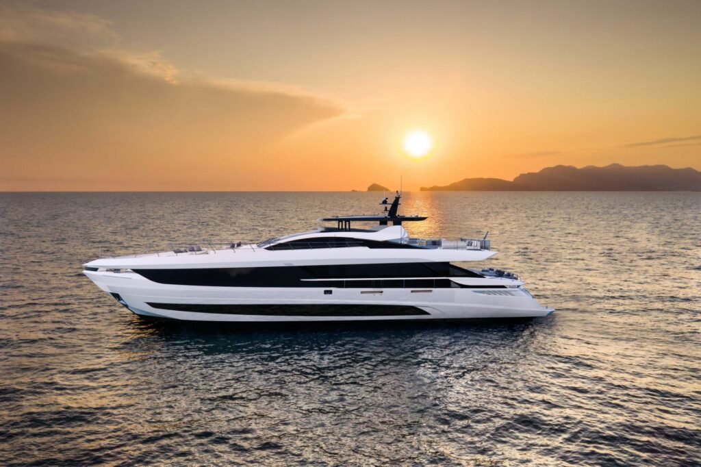 34 metre planing yacht for sale, exterior on the water