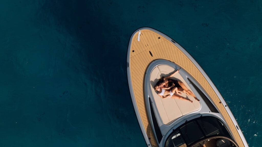 12 metre inboard planing yacht cabin and helm area