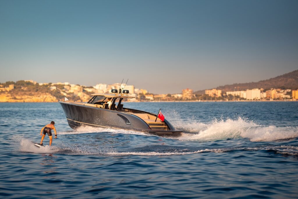 16 guest yacht around 800000 euros, at anchor in a sheltered bay