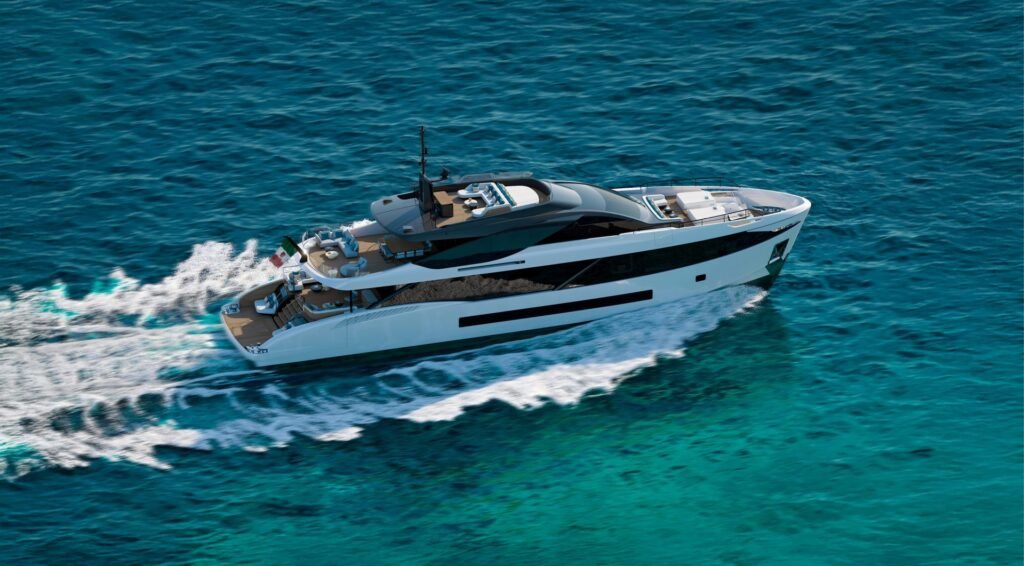 34 metre planing yacht at anchor