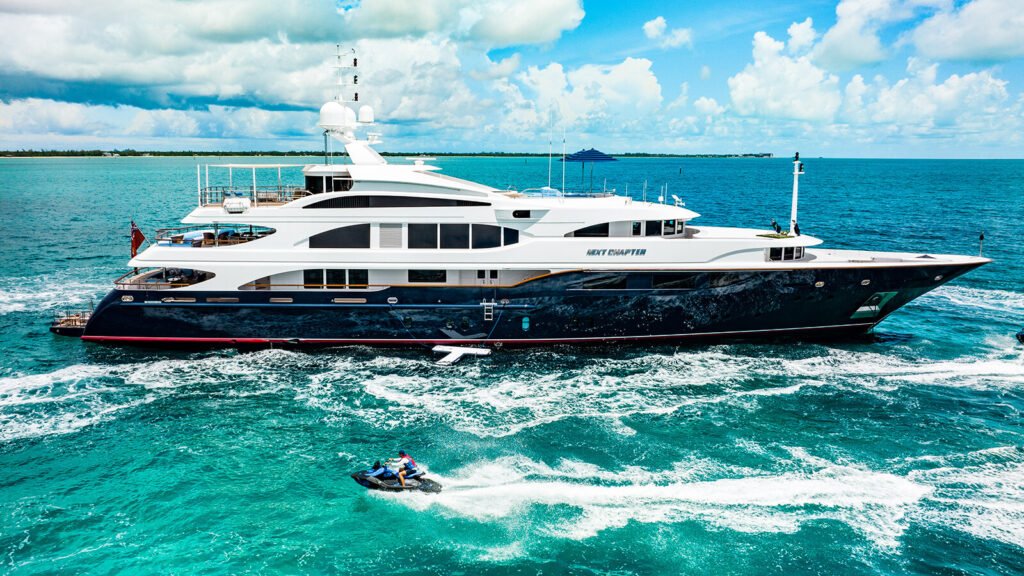 60m charter yacht exterior profile at anchor