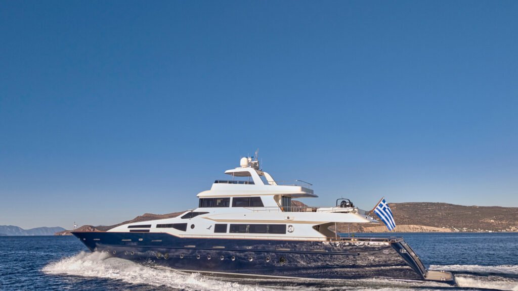 Virgin Islands Motor charter yacht, exterior profile at anchor
