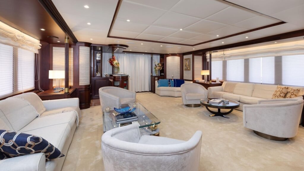 Main saloon lounge with white sofas