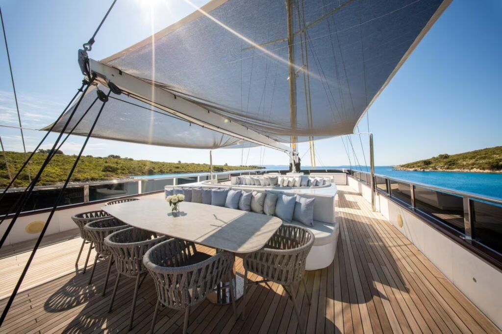 12 guest sailing yacht, deck view with rigging and sails