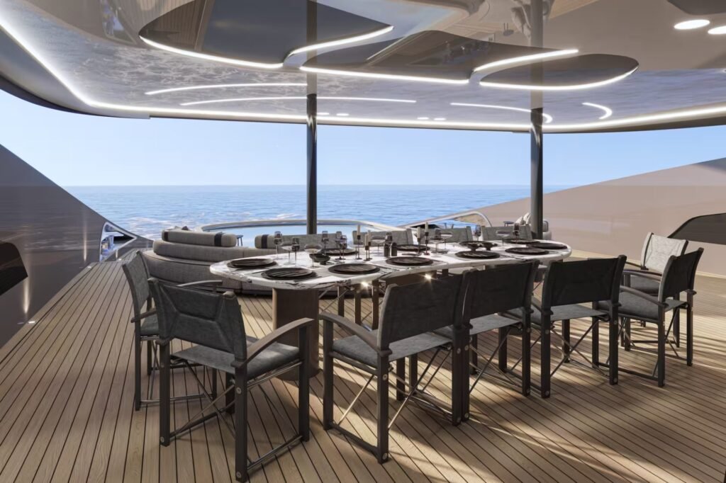50m yacht for charter with fold out terraces, sun deck and exterior