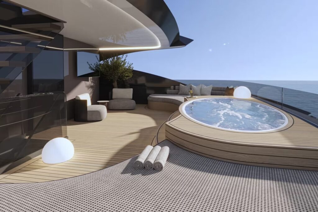 Spa and waterslide charter yacht, exterior profile at sea