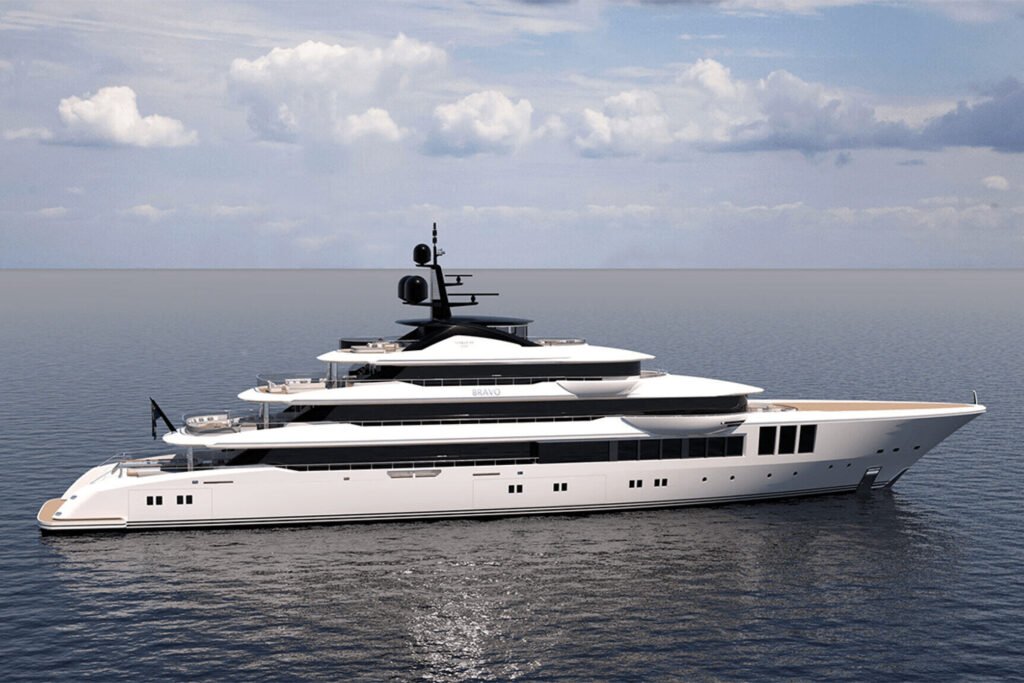 Bravo yacht for sale - profile view of the 80m Turquoise Yachts superyacht with white hull and vertical hull windows
