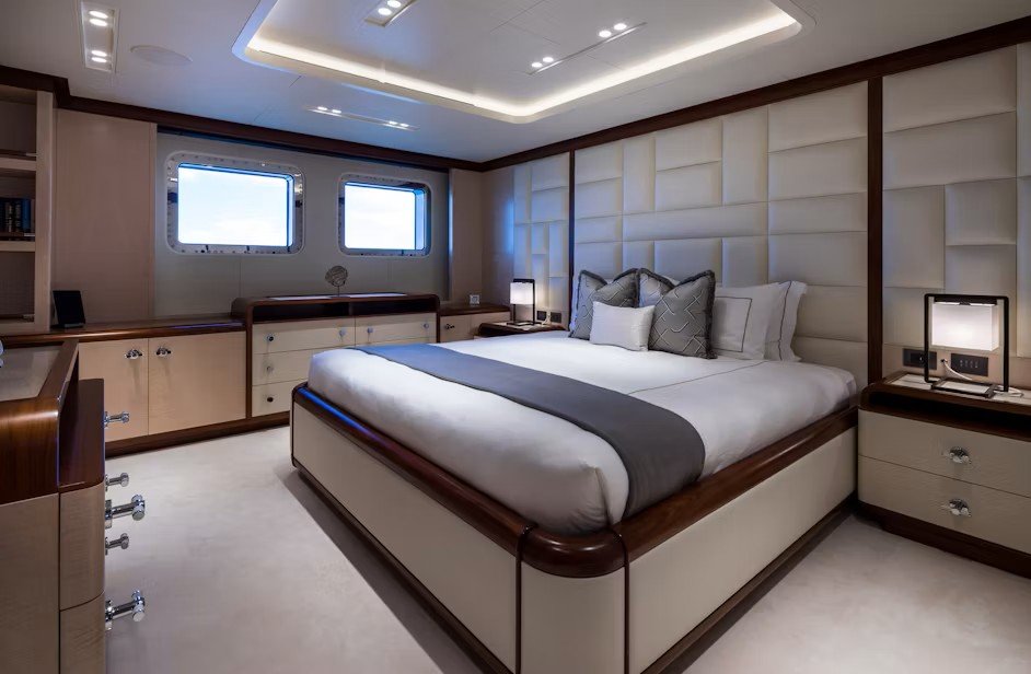 70m charter yacht, master suite aboard a seven cabin superyacht