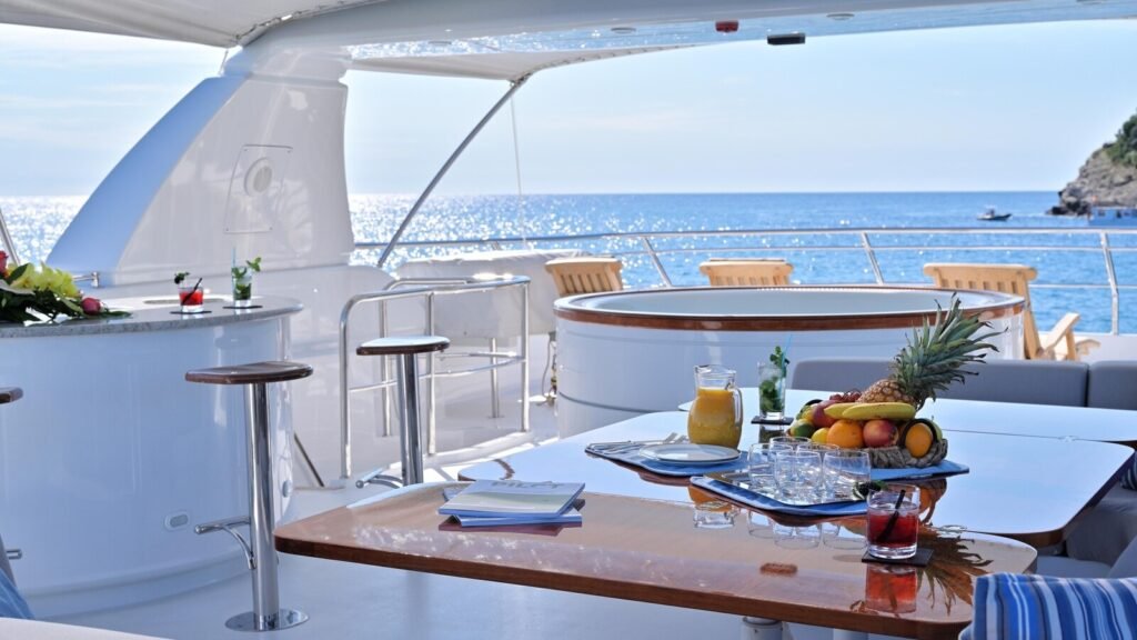 Taormina motor yacht charter, exterior profile in the Ionian bay