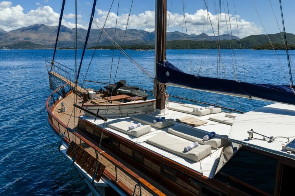 10 guest sailing charter yacht, deck view under sail