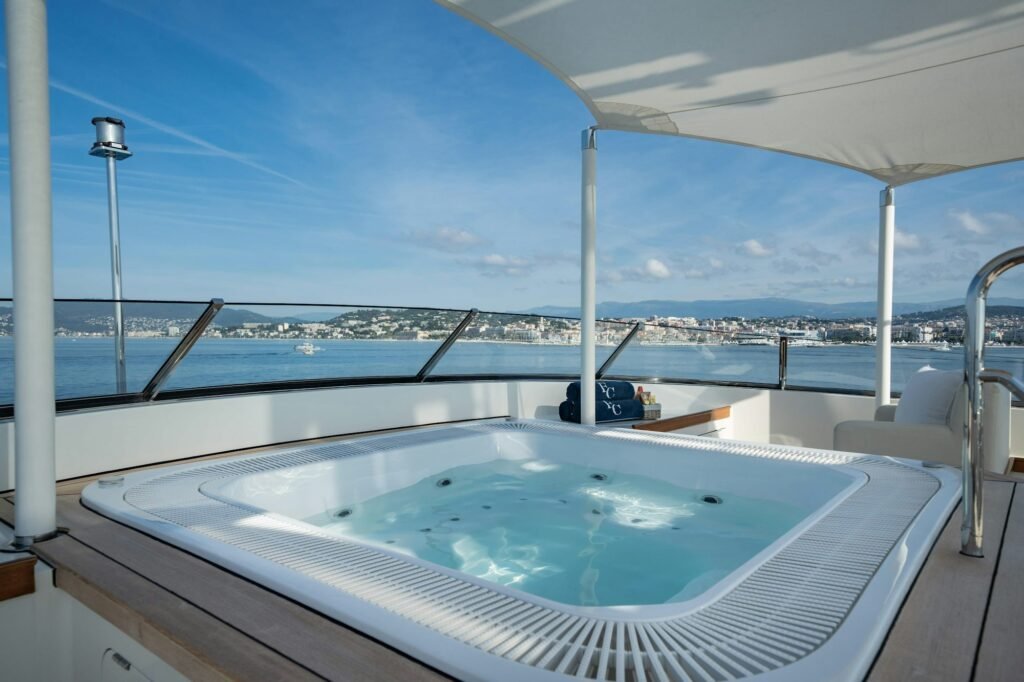 40m charter yacht, sun deck and shaded upper dining