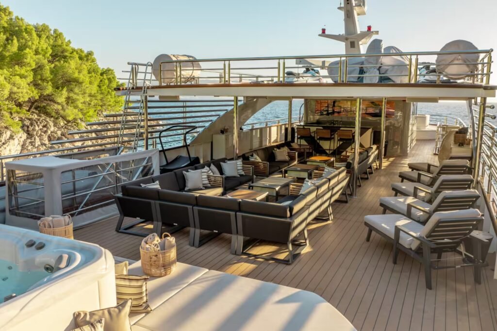 50m charter yacht with pool, aerial exterior view