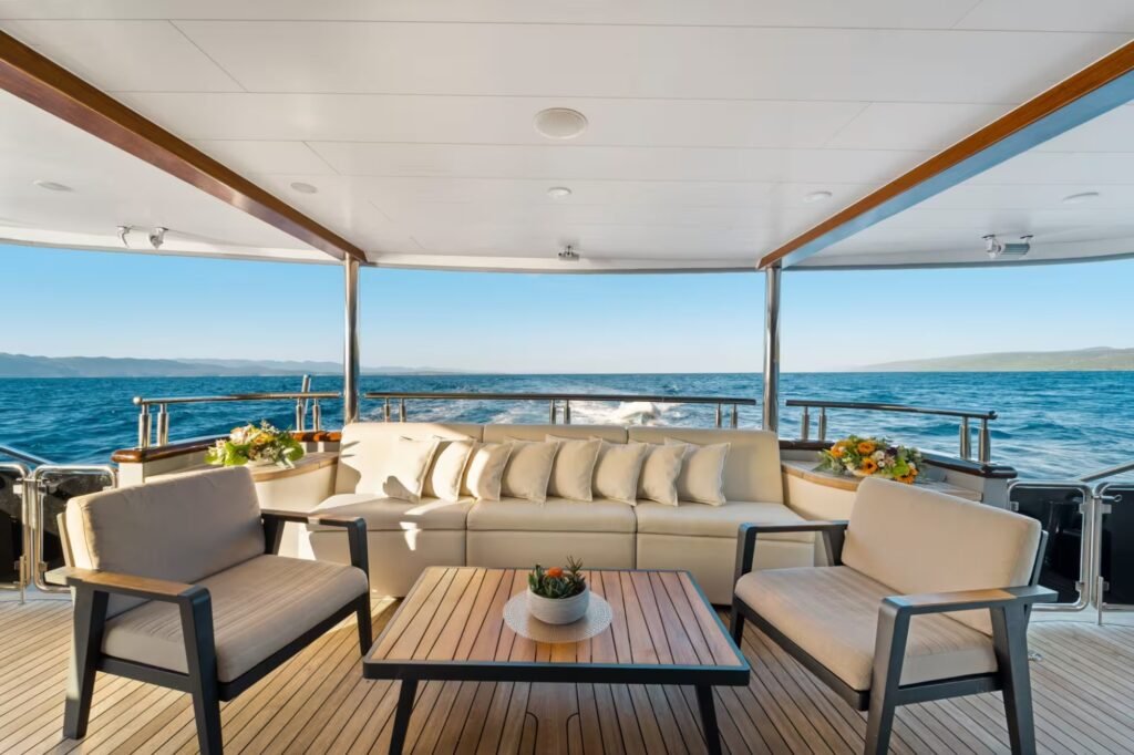 Sauna and waterslide charter yacht, exterior profile at anchor