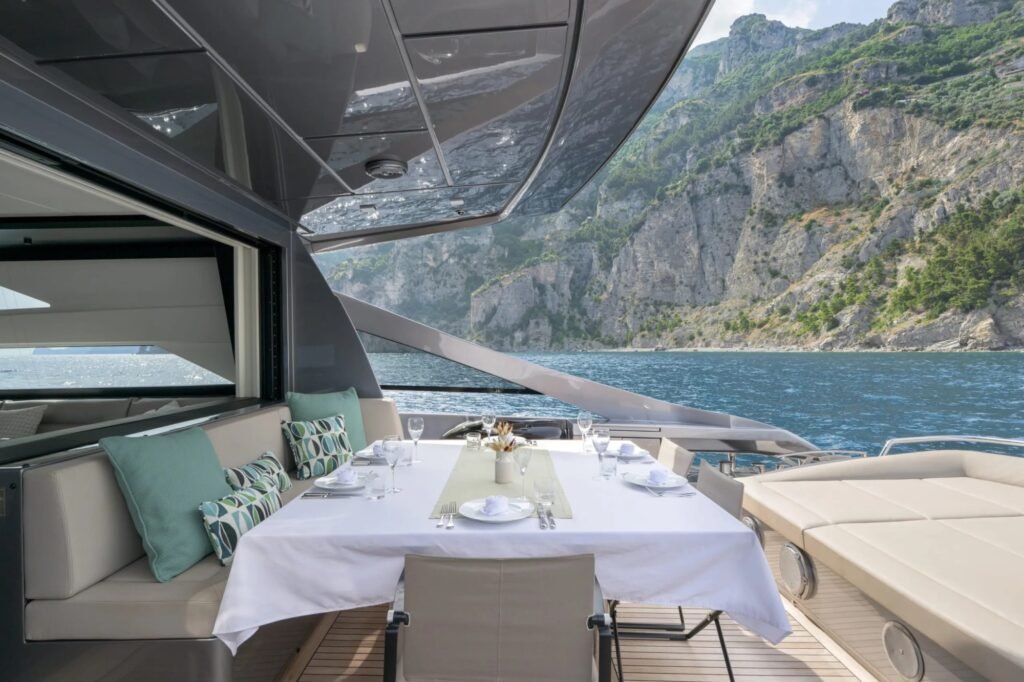 30m charter yacht with beach club, exterior stern view