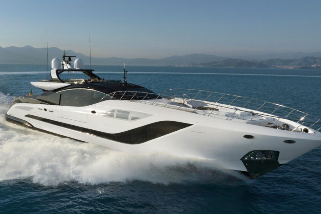 Mangusta 165REV yacht for sale - profile running shot of the 50m Mangusta maxi-open superyacht designed by Lobanov Design