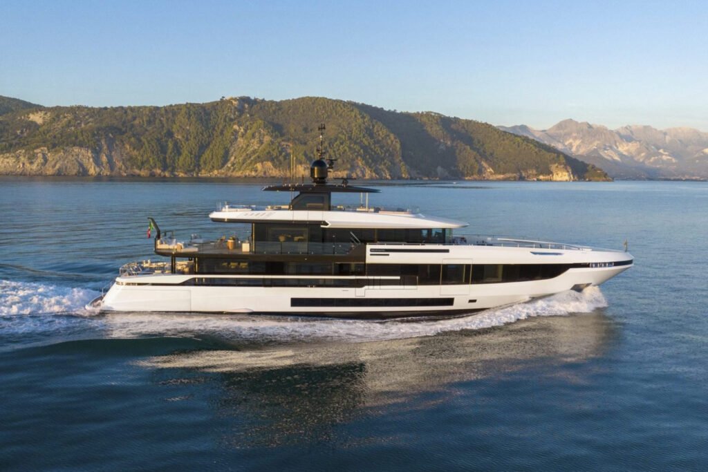 Mangusta Oceano 44 yacht for sale - profile running shot of the 44m Mangusta displacement superyacht designed by Alberto Mancini